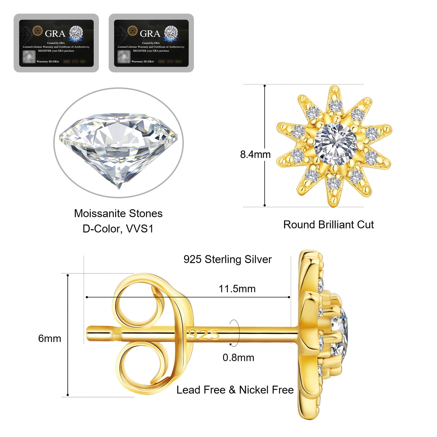 Excellent VVS1 Moissanite Stud Earrings