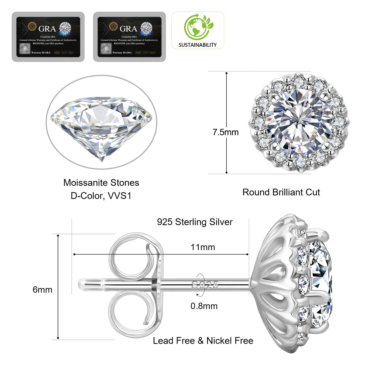 Excellent VVS1 Moissanite Stud Earrings