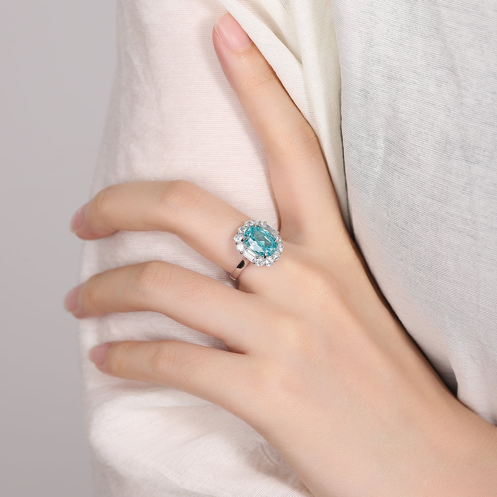 5.93ct Lab Grown Gemstone Neon Blue Paraiba Halo Ring S925