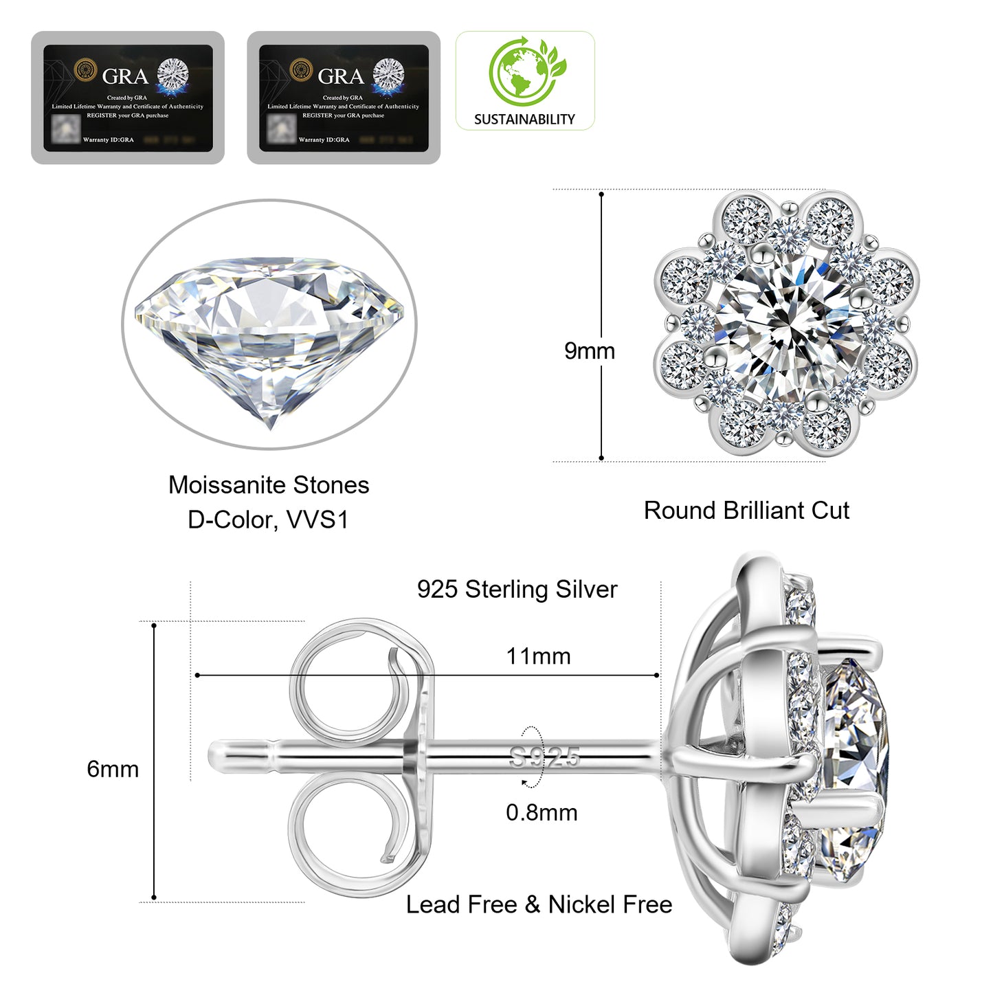 Excellent VVS1  Moissanite Stud Earrings