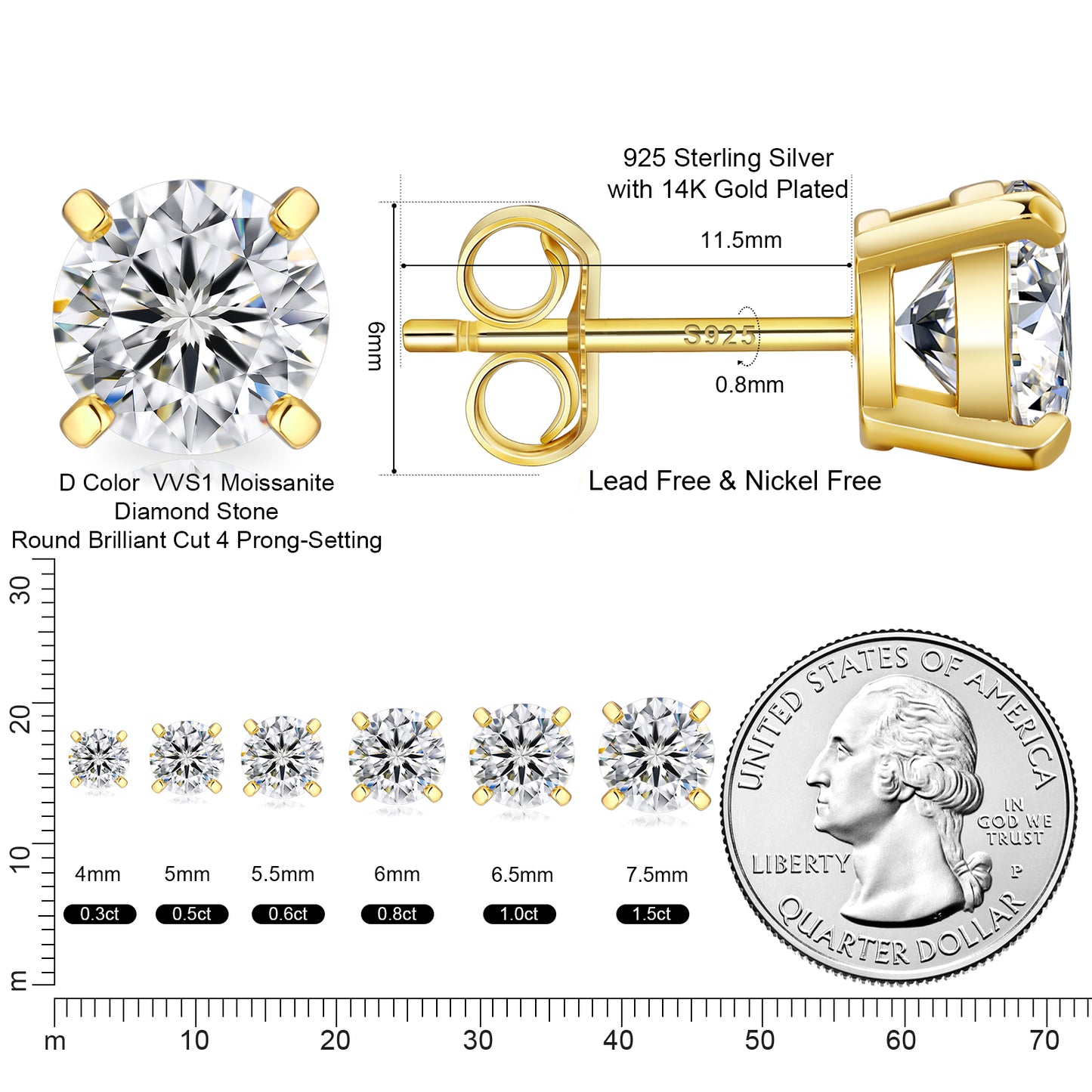 Four-Prong Excellent VVS1  Moissanite Stud Earrings