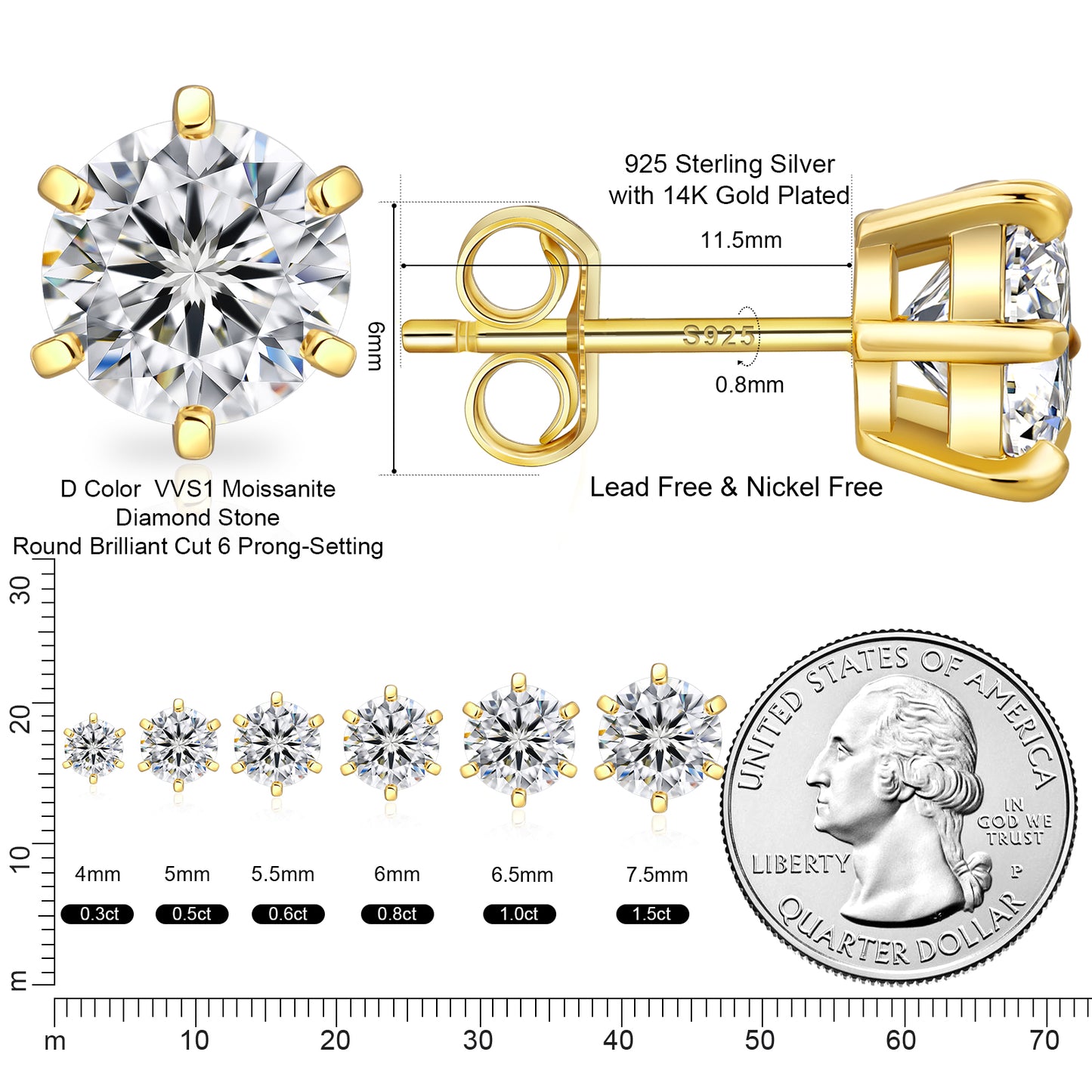 Six-Prong Excellent VVS1  Moissanite Stud Earrings