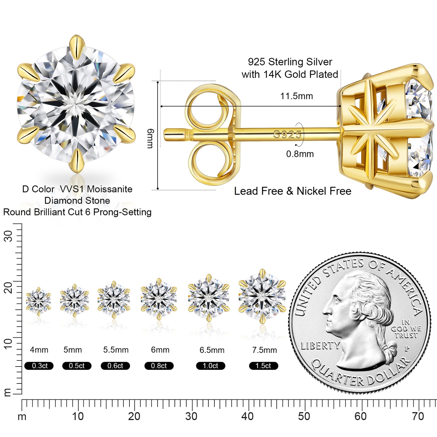 Six-Prong Excellent VVS1  Moissanite Stud Earrings