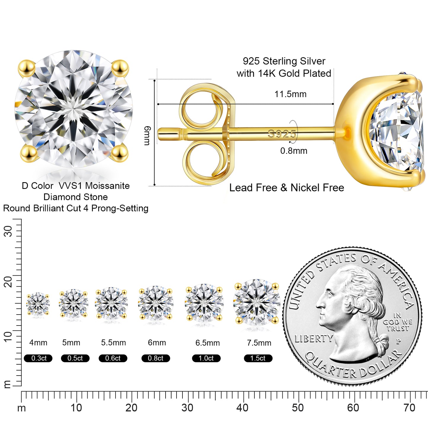 Four-Prong Excellent VVS1  Moissanite Stud Earrings