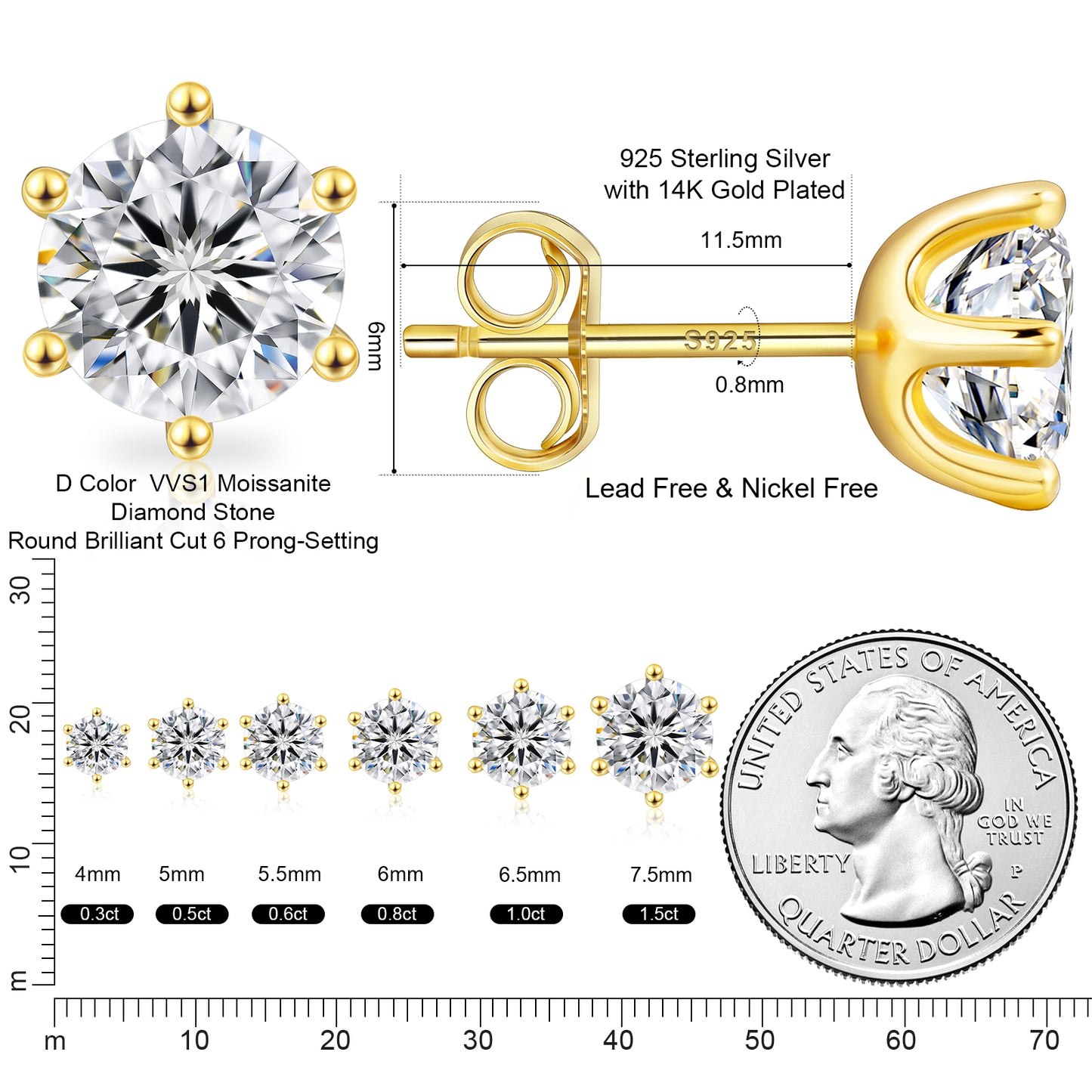 Six-Prong Excellent VVS1  Moissanite Stud Earrings