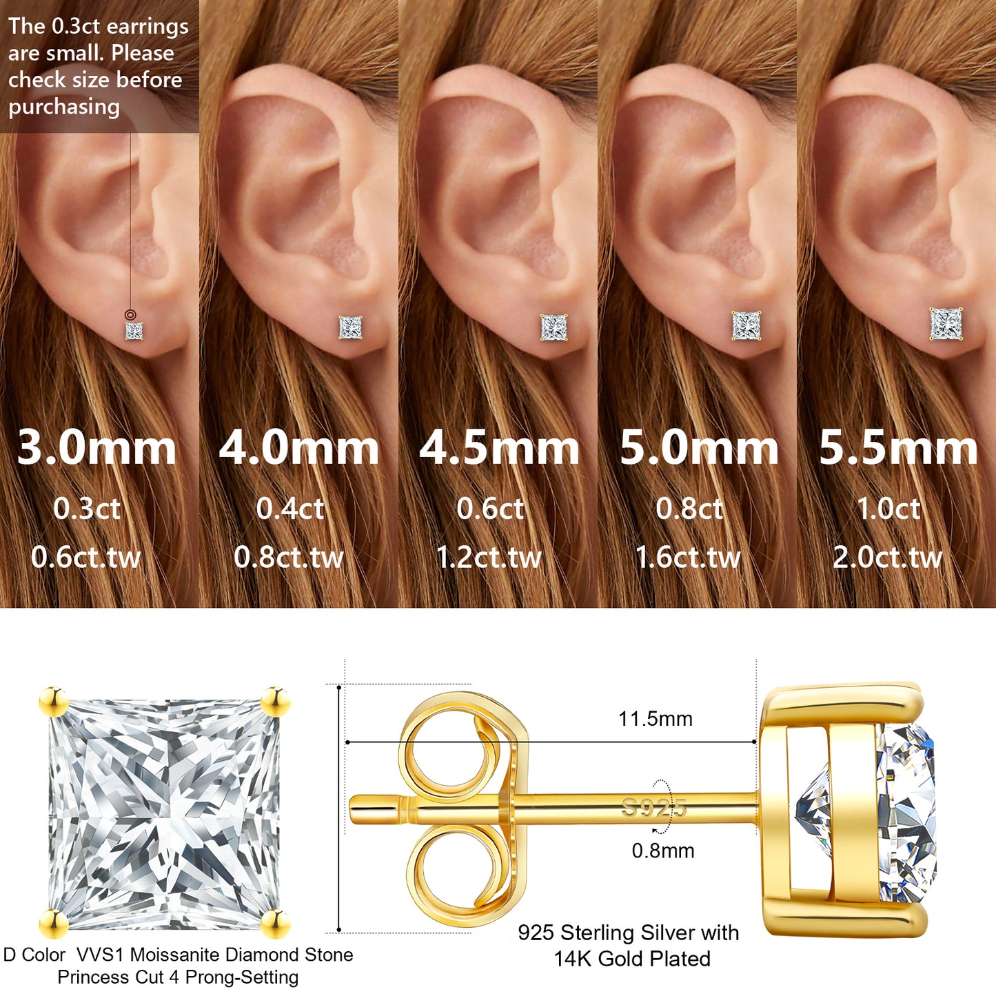 Princess Cut VVS1  Moissanite Stud Earrings